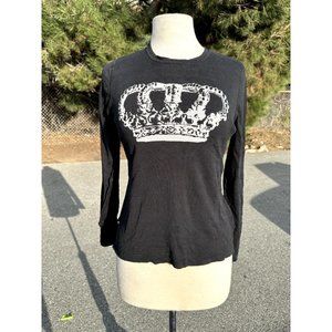 Bcbg Maxazria Womens 2xsmall Black Shirt Long Sleeve Printed White Crown Silk